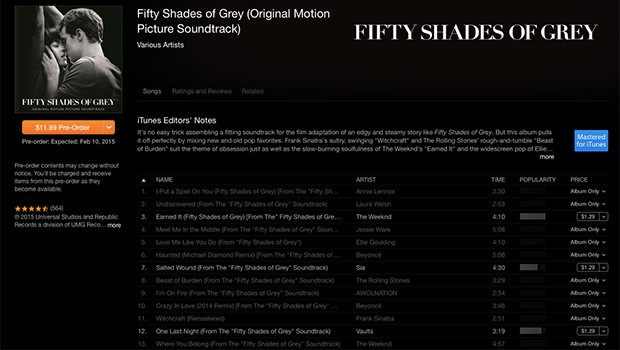 『フィフティ・シェイズ・オブ・グレイ』サントラが発売前にも関わらず全世界iTunes総合チャート1位に!